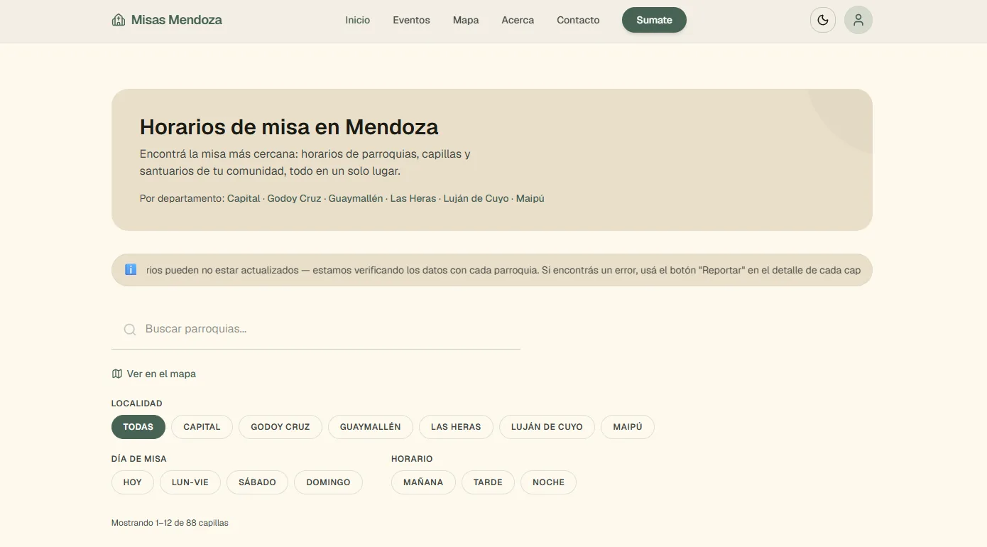 Misas Mendoza home page, with search and filters by district, day and time