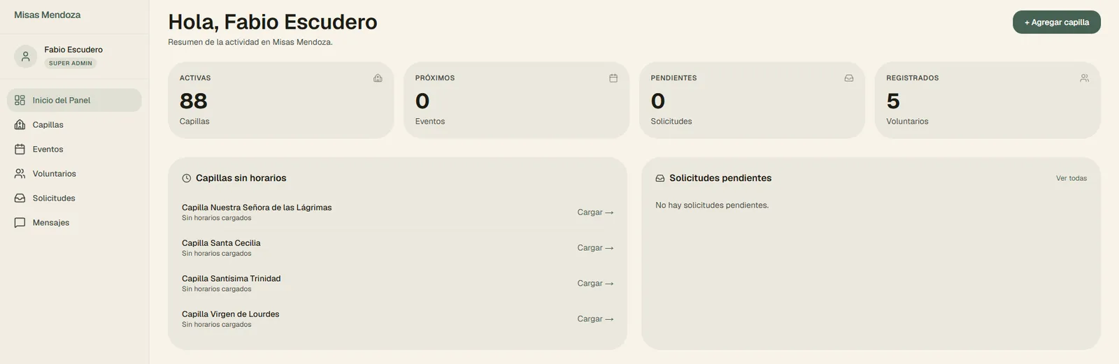 Panel overview: active churches, events, requests and volunteers