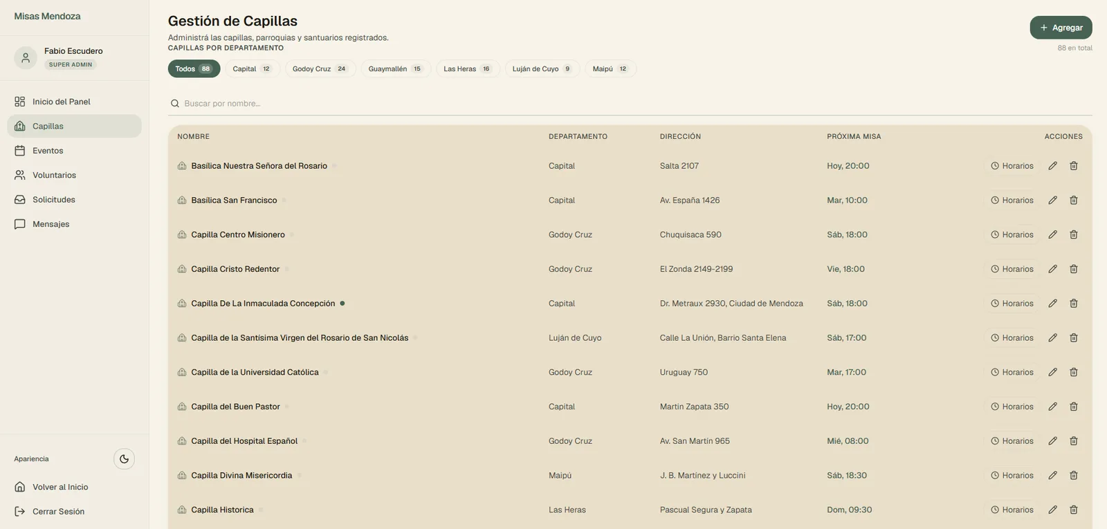 Admin panel listing churches and the next Mass at each one